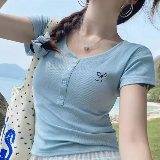 Bow Embroidered V-neck Bottoming Short-sleeved Women's All-match Top