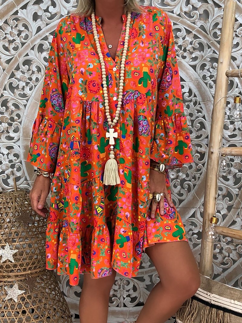Printed Pointed Collar Button Ruffled Loose Dress