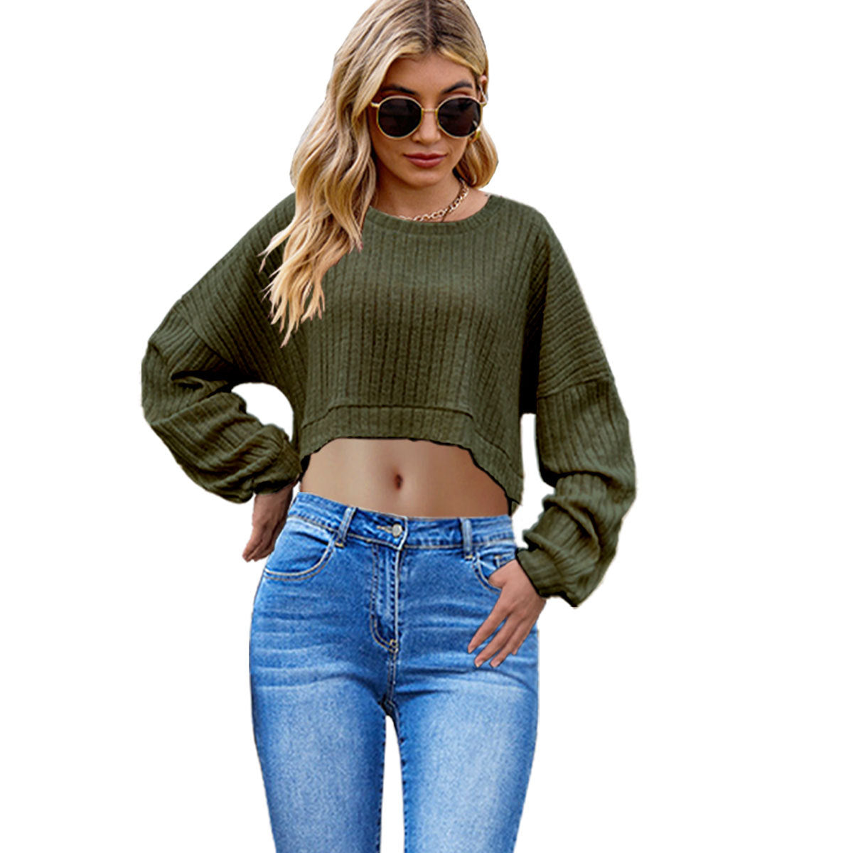 European And American Brushed Sunken Stripe Knitted Midriff-baring Long Sleeve Short T Women's Top