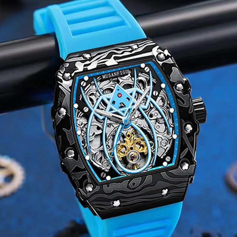 Barrel-shaped Fully Automatic Mechanical Luminous New Sports Fashion Mens Hollow-out Watch
