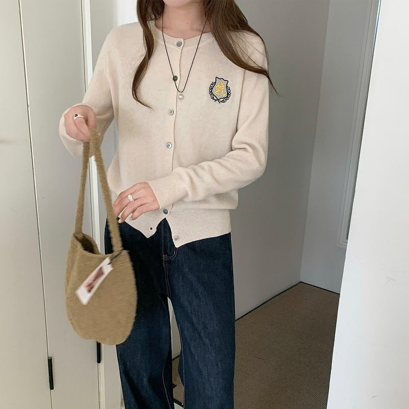 Women's Embroidered Knitted Cardigan O-neck Short Sweater