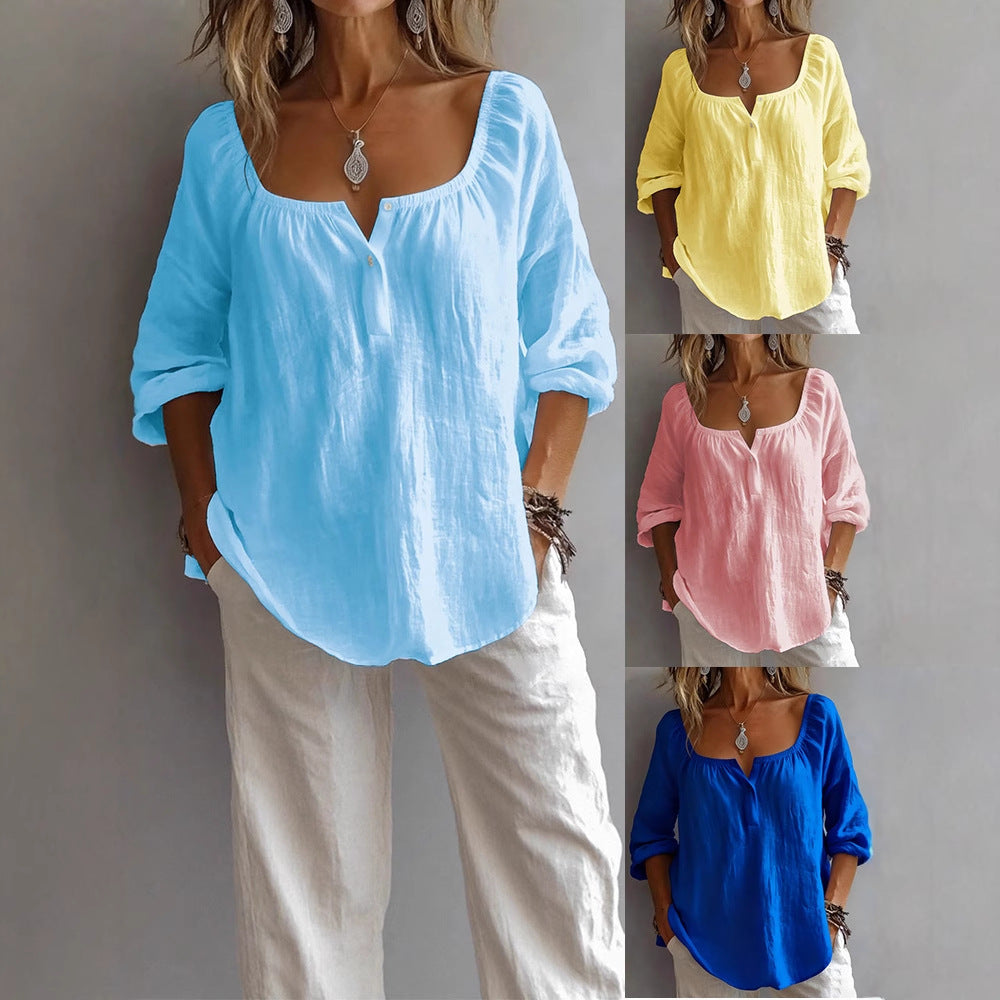 Womens Casual V-Neck Long-Sleeve Pullover T-Shirt In Solid Colors And Multiple Shades