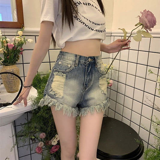 Retro Ripped Raw-Edge Denim Shorts For Women Lightweight And Loose-Fitting