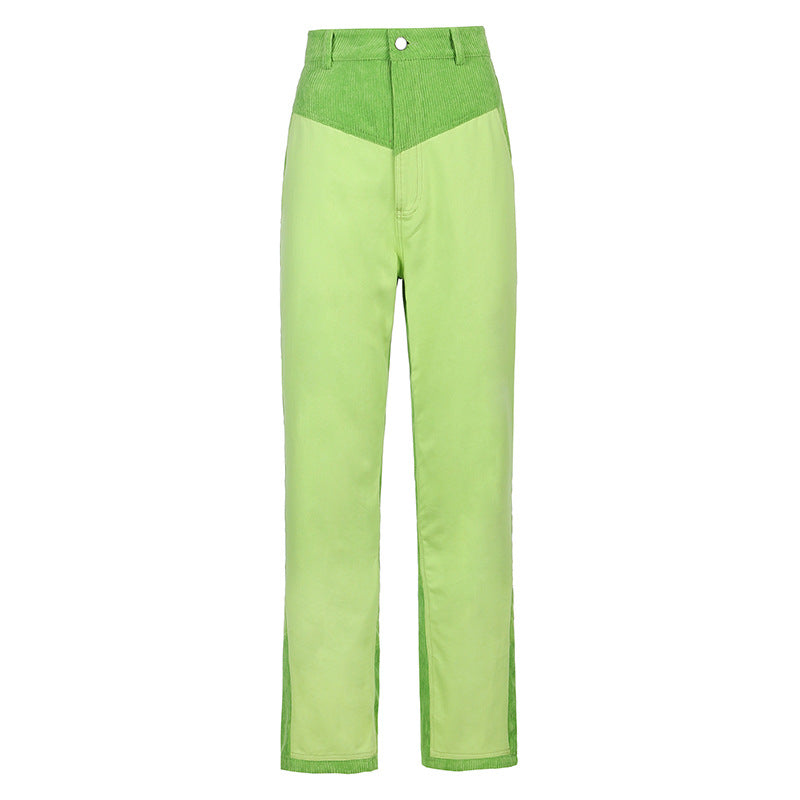 Corduroy Stitching Contrast Waist Straight-leg Pants