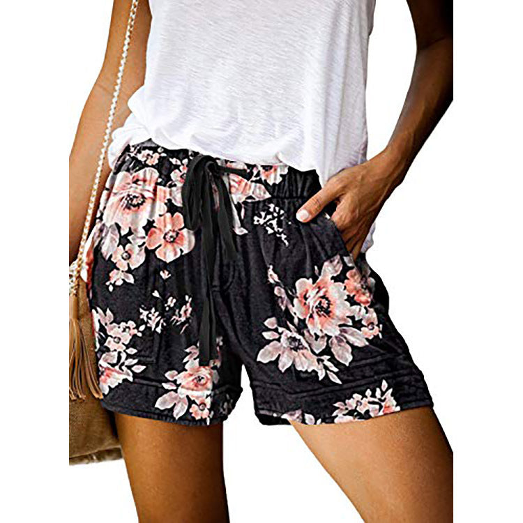 Casual elastic belt camouflage print high waist wide leg shorts