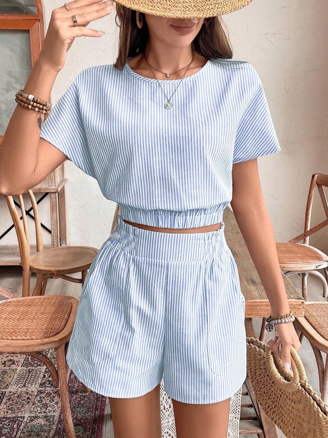 Summer Stripes Printed Batwing Sleeve Short Top And Shorts