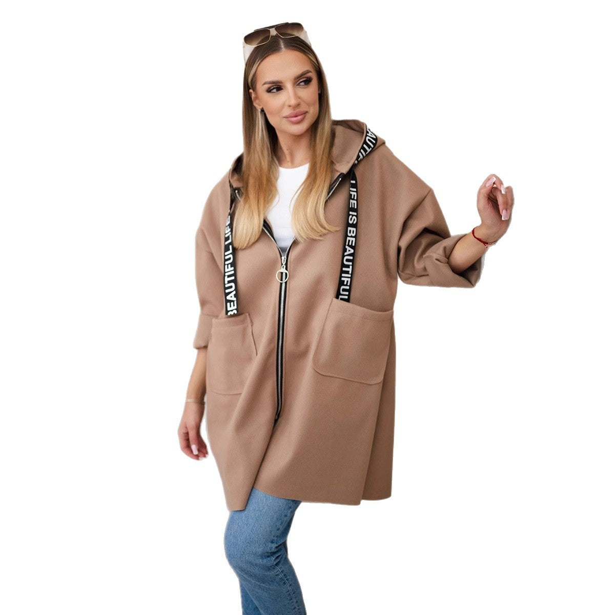 Hooded Sports Women's Large Size Long Sleeve Zipper Woolen Coat
