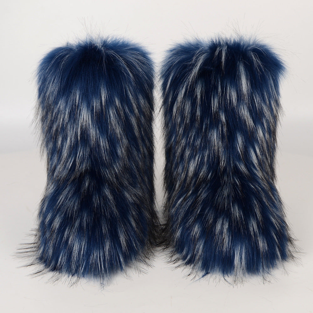 Winter Fur Integrated Imitation Raccoon Fur Women's Snow Boots Fluffy Shoes Outdoor Middle Boots