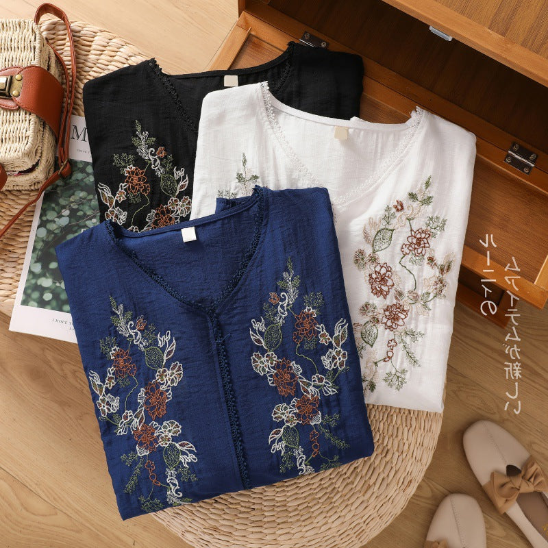 Loose Cotton And Linen Embroidery V-neck Short-sleeved Shirt Women's Shirt Top 647