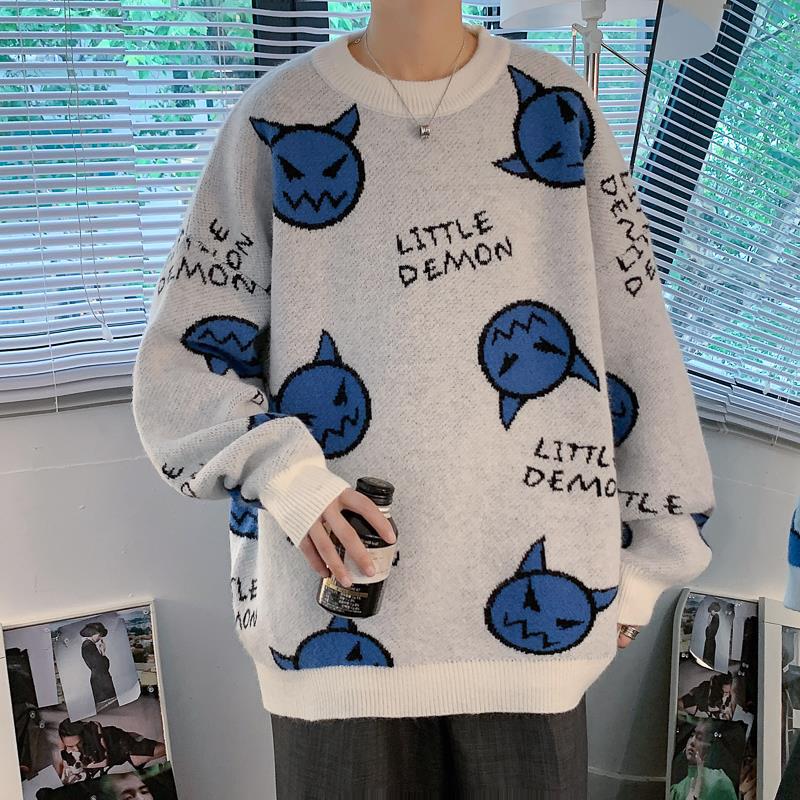 Tegneserie løst strikket afslappet pullover sweater med rund hals til mænd og kvinder