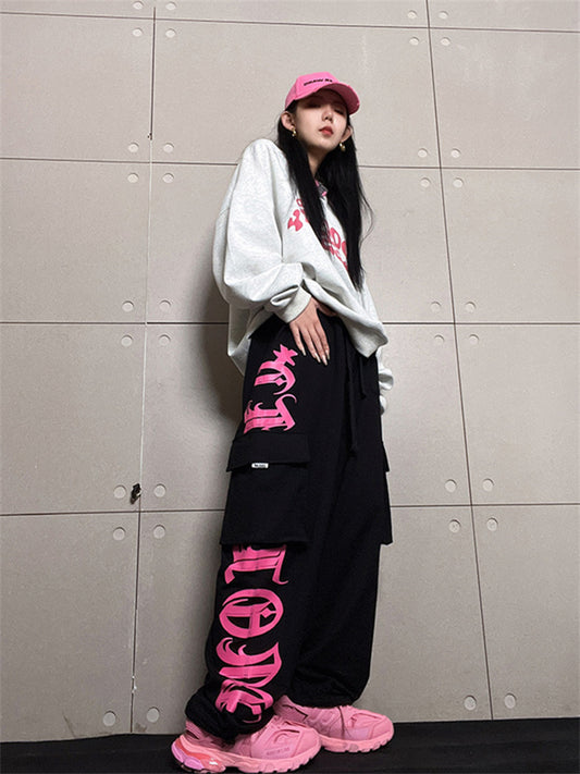 Women's Black Rose Pink Printed Workwear Pants