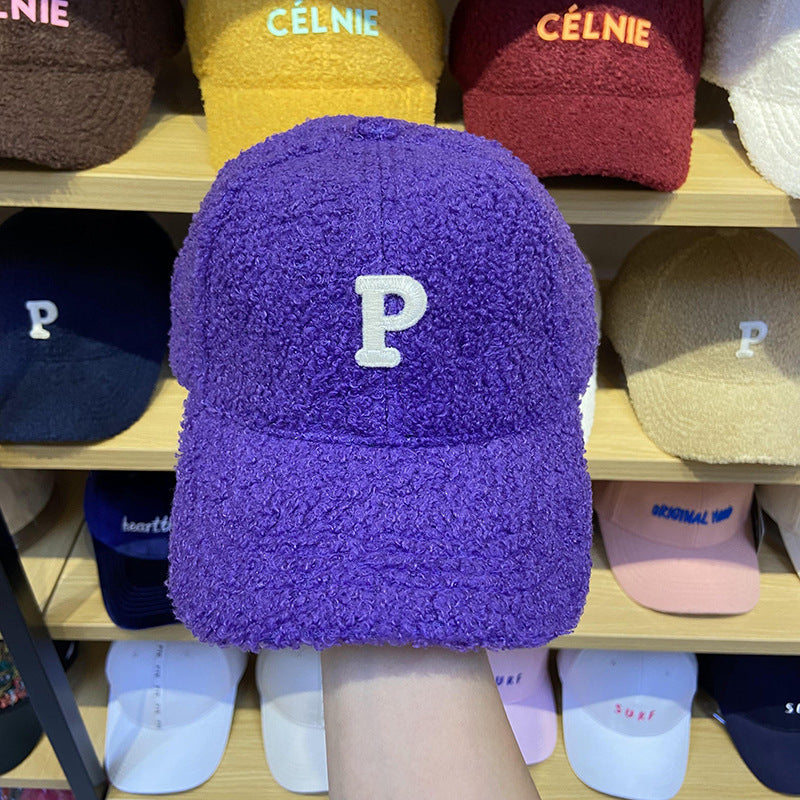 Lamb Hair Letter P Baseball Hat Female