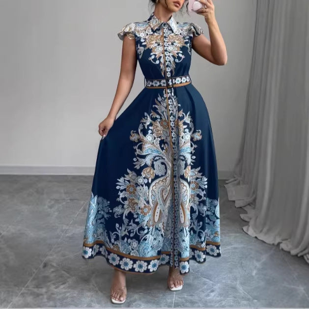 Fitted-waist Notched-collar Long Dress With Cap Sleeves