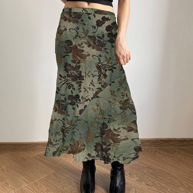Retro Deciduous Printing Irregular Split Design Skirt