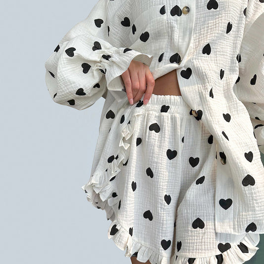Spotted Print Long-Sleeve Shorts Loungewear Two-Piece Set