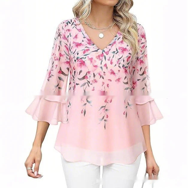 Women's Fashion Casual Top Pleated 34 Sleeve V