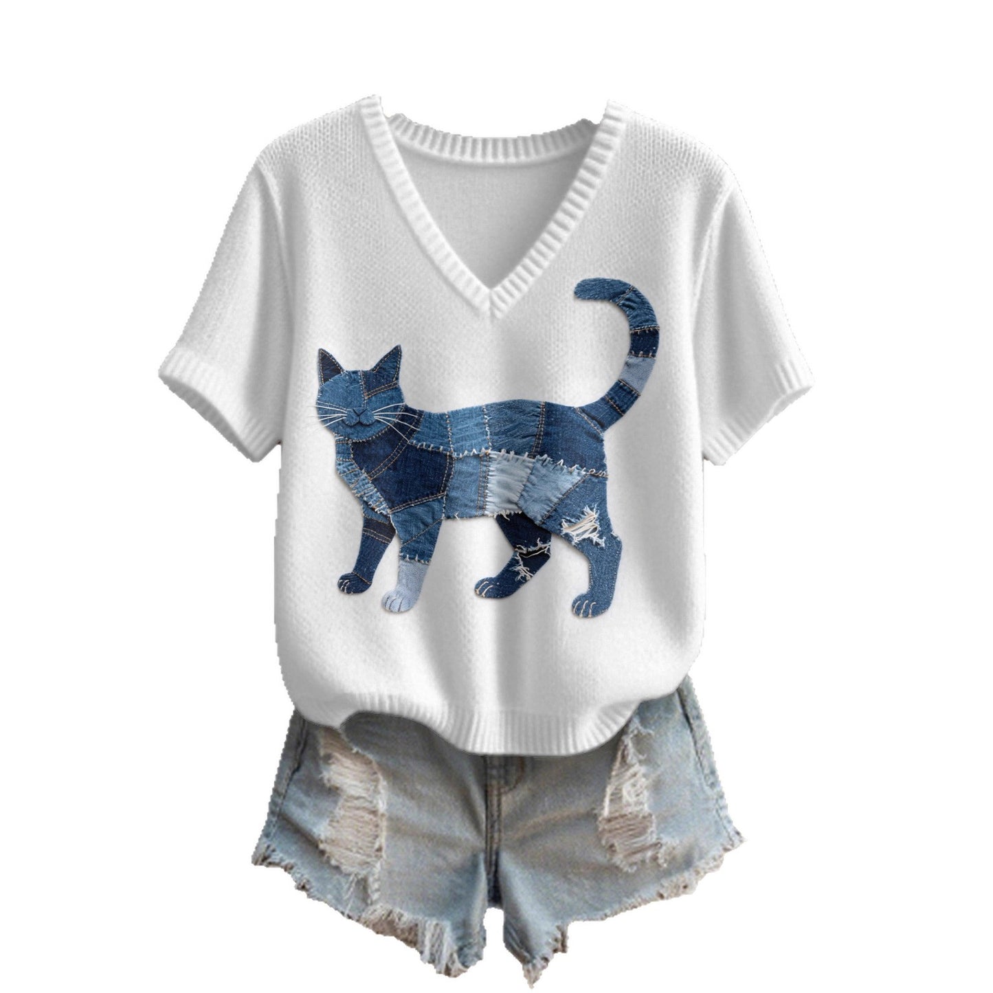 Imitation Sweaters Women's Clothing Short Sleeve V-neck Loose Top