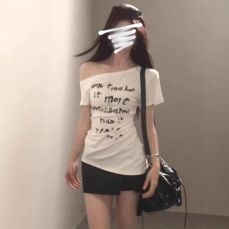 American-style Asymmetrical White Letter-print Off-shoulder Short-sleeve T-shirt