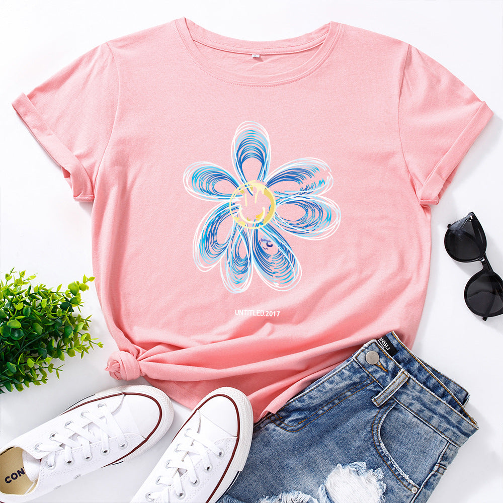European And American Cotton Loose Round Neck Creative Flower Short Sleeve