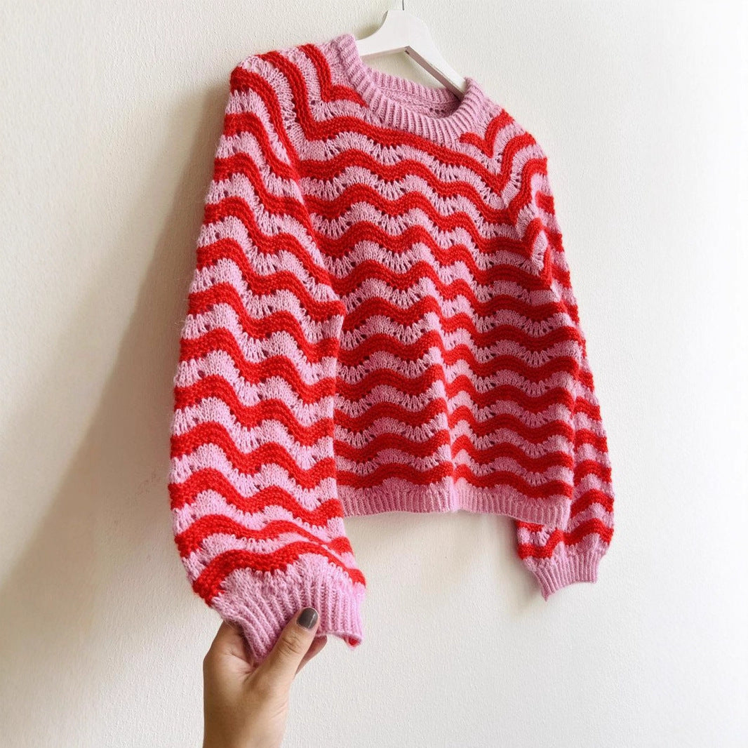 Round Neck Wave Striped Fashion Casual Women's Sweater