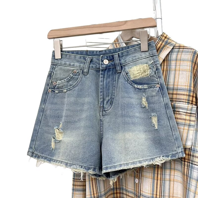 Plus-size High-waisted Ripped Denim Shorts For Women