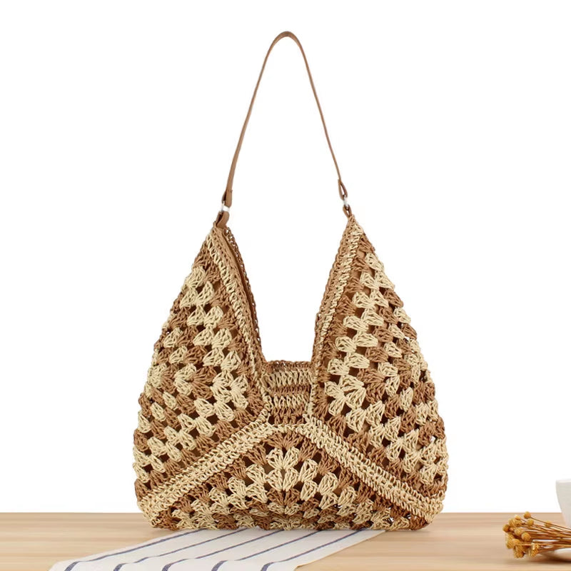 Bohemian Braided Summer Tote Bag - Woven Straw Beach Handbag with Raffia Rattan for Casual Shopping and Travel
