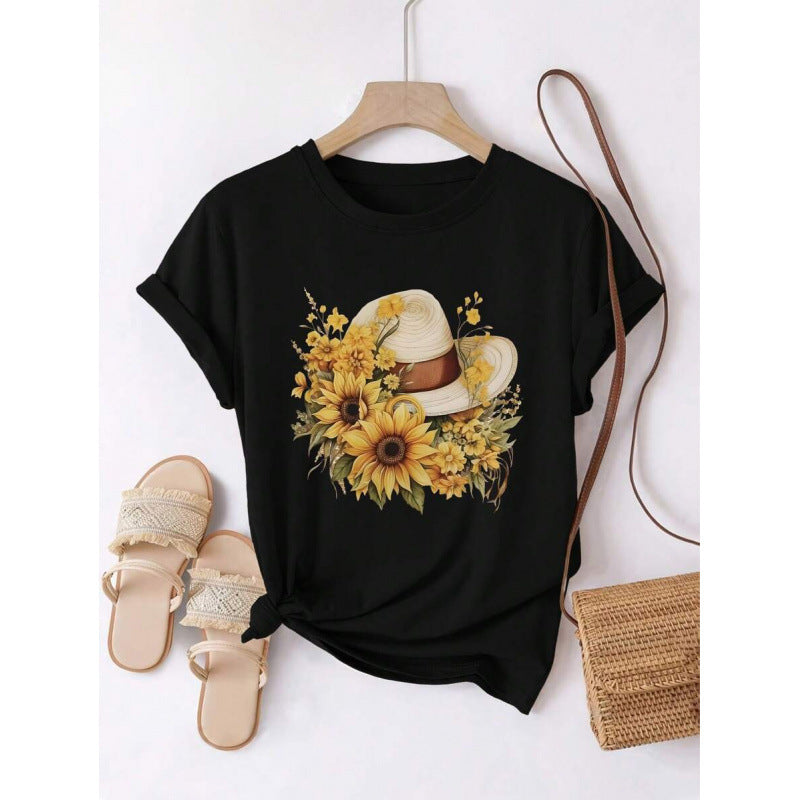 Womens Loose-Fit Crew-Neck T-Shirt With A Pure Cotton Sunflower Straw Hat Design