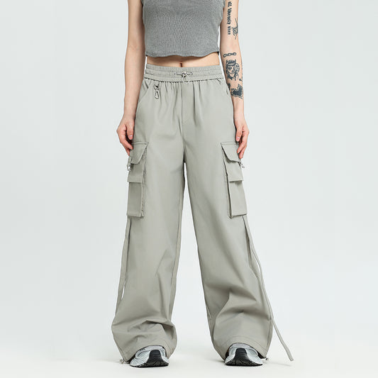 Loose Wide Leg Straight Large Pocket Ribbon Overalls