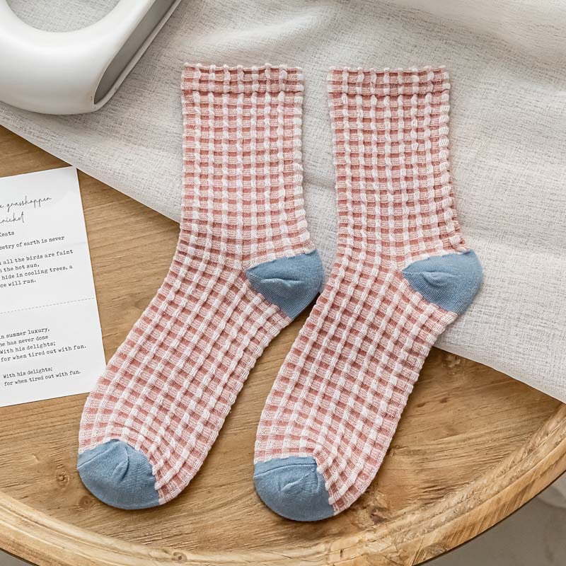 Checkerboard Color-blocked Mid-calf Cotton Sweat-absorbing Long Socks