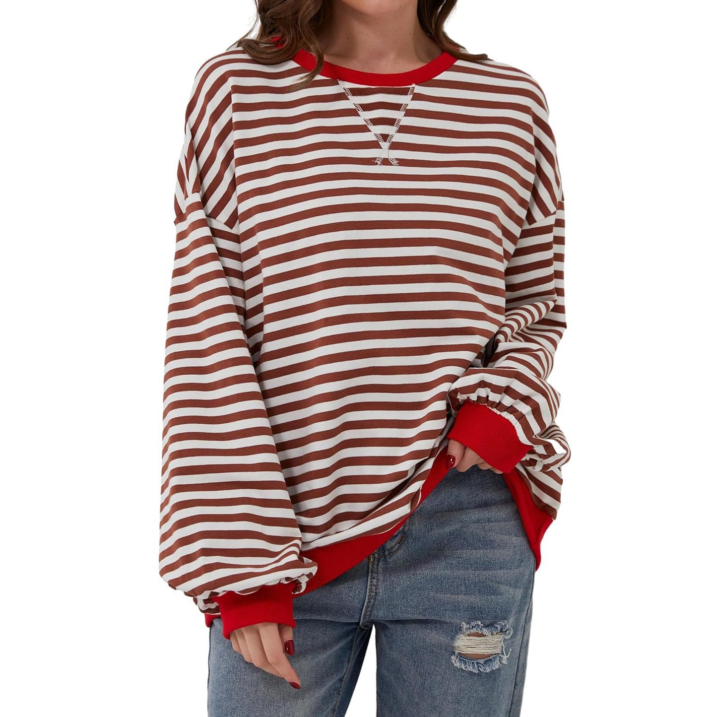 Løs stribet langærmet T-shirt afslappet pullover sweater til dametøj