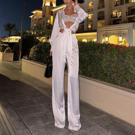 Two-piece Set Featuring A Lapel Long-sleeve Shirt And High-waisted Wide-leg Pants