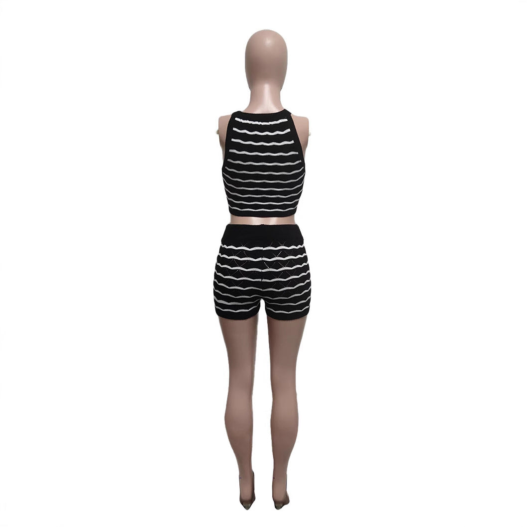 Multicolored Striped Crochet Backless Top And Skirt Set