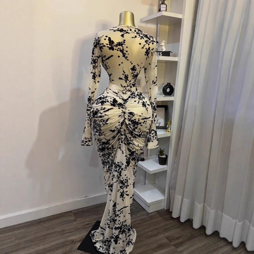 Autumn Womens Sexy Long-Sleeve Mesh Floral Flocked Pleated Dress