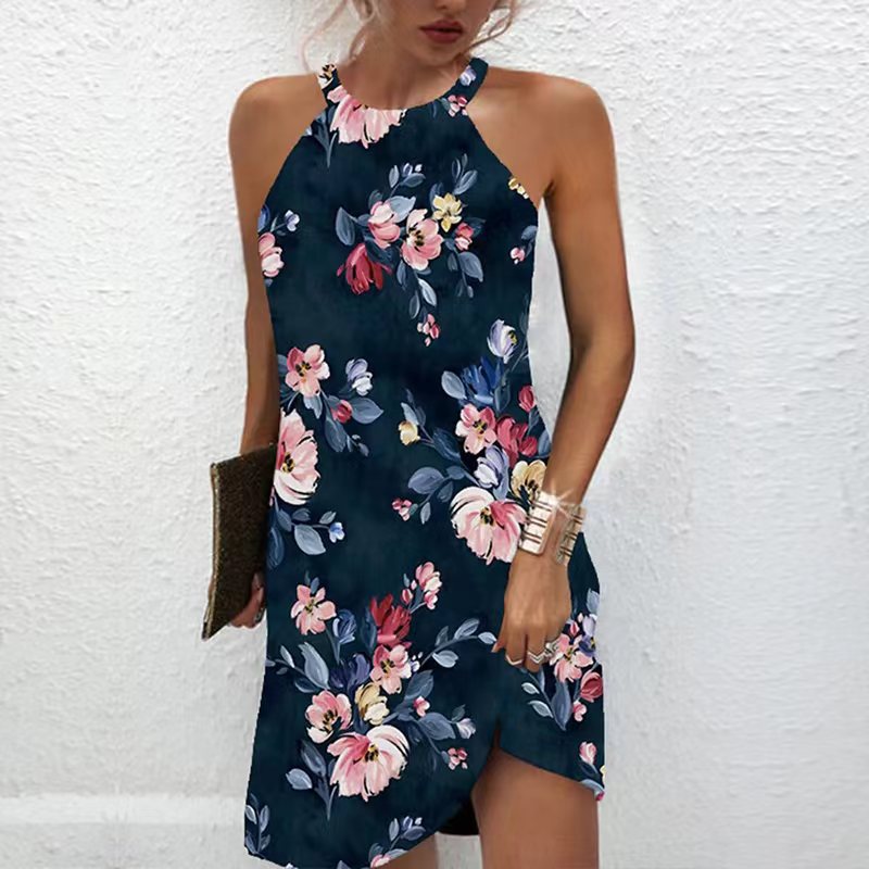Casual Print Sleeveless Hanging Neck Hollow Out Dress