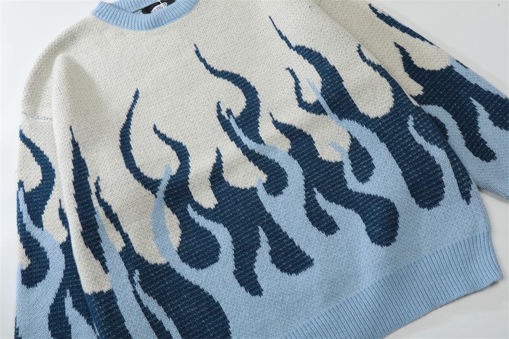Design Abstract Flame Jacquard Pullover Knitted Sweater Men's