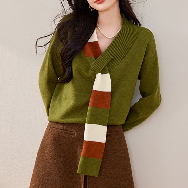 Niche Stribet V-hals Sweater Dame Alsidig Falsk Todelt Frakke