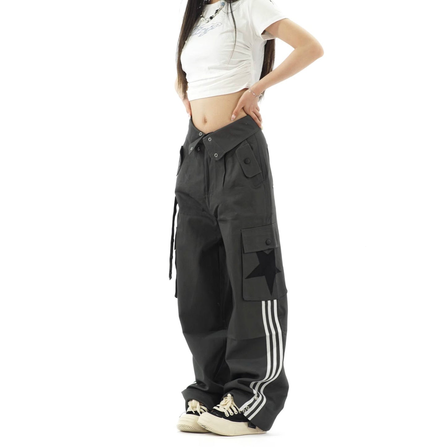 Women's Flanging Overalls Striped All-matching Straight Loose Trousers