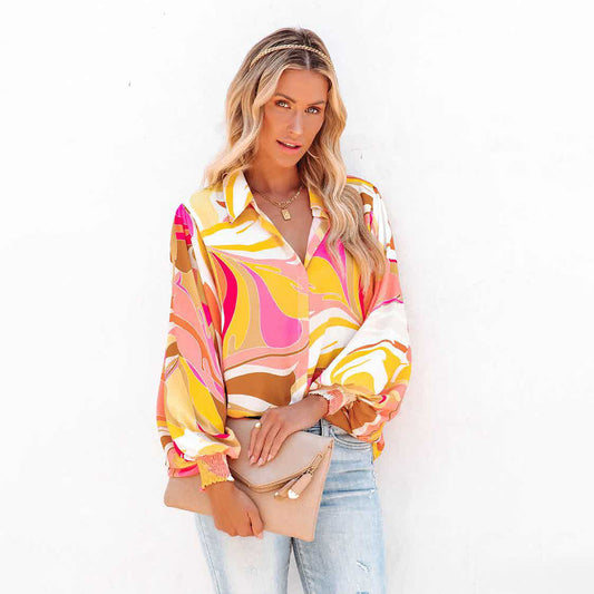 Lantern Sleeve Lapel Cardigan Casual Shirt For Women
