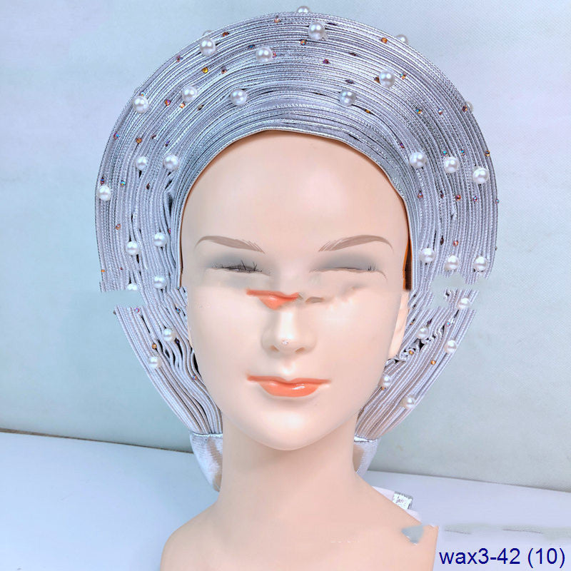 Arabian Large Pearl Women's Jacquard Pleated Braided Turban