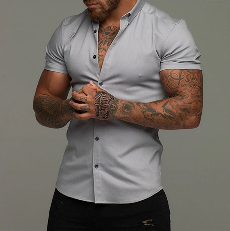 Solid Color Polo Collar Muscle Men Shaping Simple Shirt