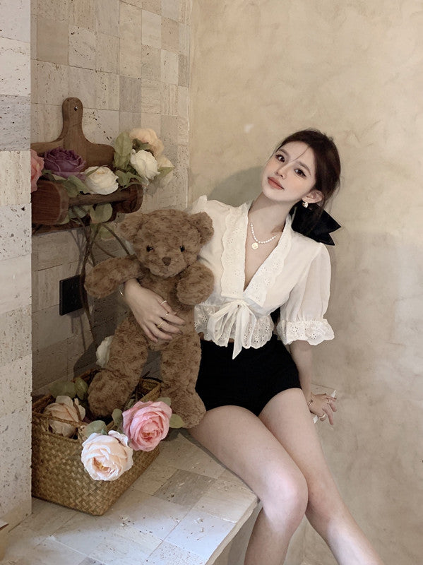 Women's French V Neck Ruffle Short Sleeve Shirt