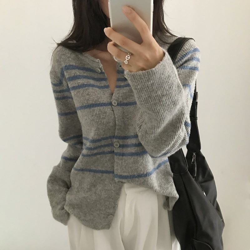 Retro Contrast Color Striped Sweater Coat Knitted Cardigan