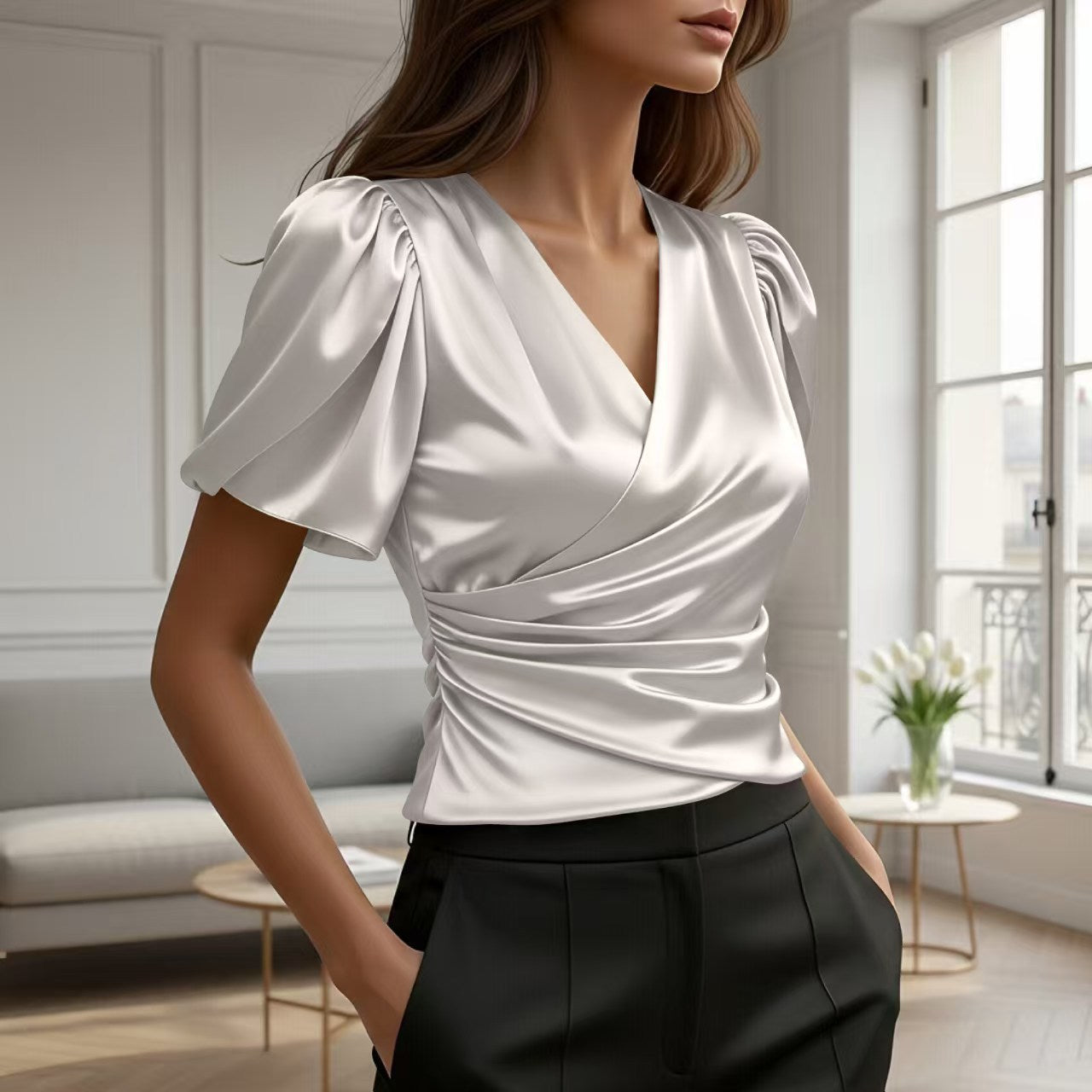 Women's Irregular Designer-Style Pleated Short-Sleeve Shirt