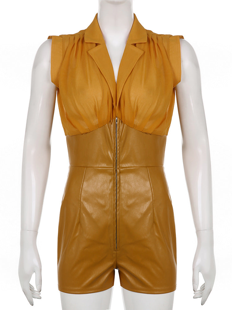 PU Leather Stitching Plastic Waist Lapel Shirt Jumpsuit Women's Shorts
