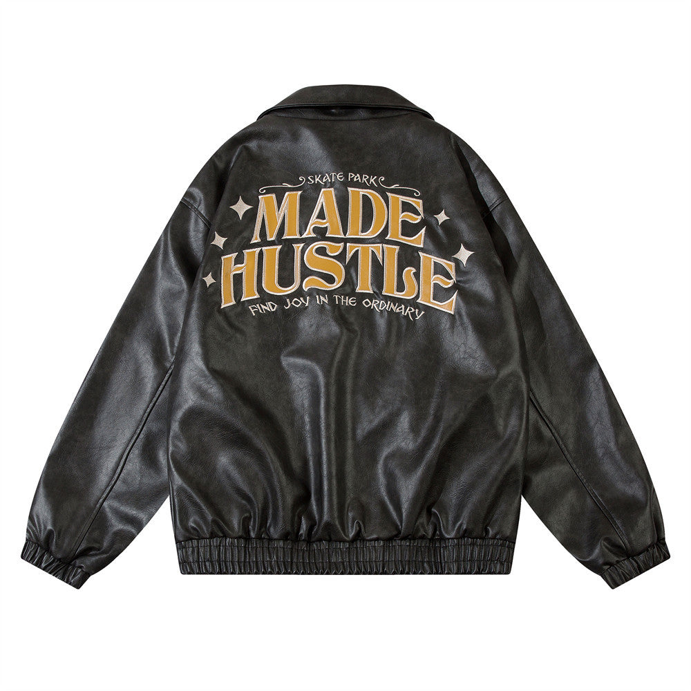 European And American Letters Embroidered Lapel Loose Leather Coat
