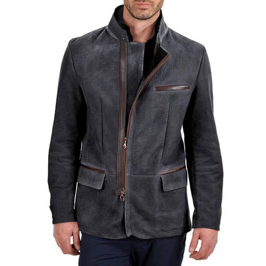 Vintage Jacket Men's Casual Coat Stand Collar Zipper Tooling Patchwork Top