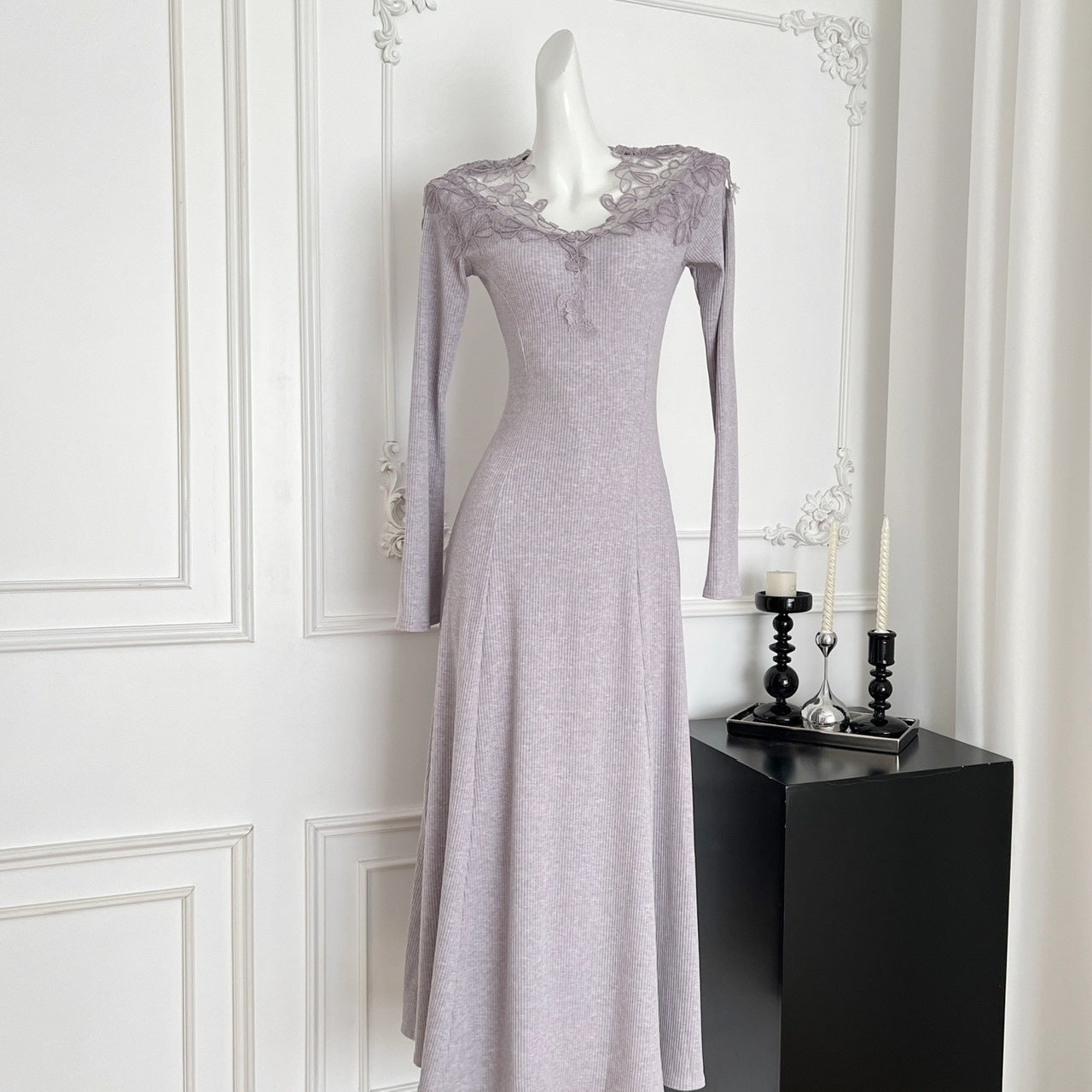 Womens Fashion Lace-Trim Knitted Long-Sleeve Dress