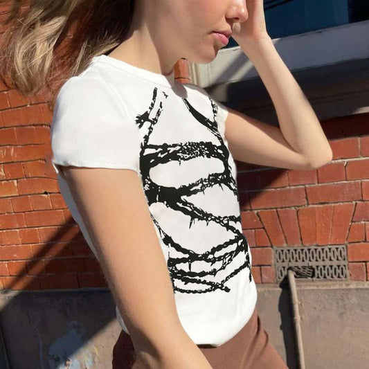 Basic Contrast Abstract Print Short Sleeve Slim Fit T-Shirt