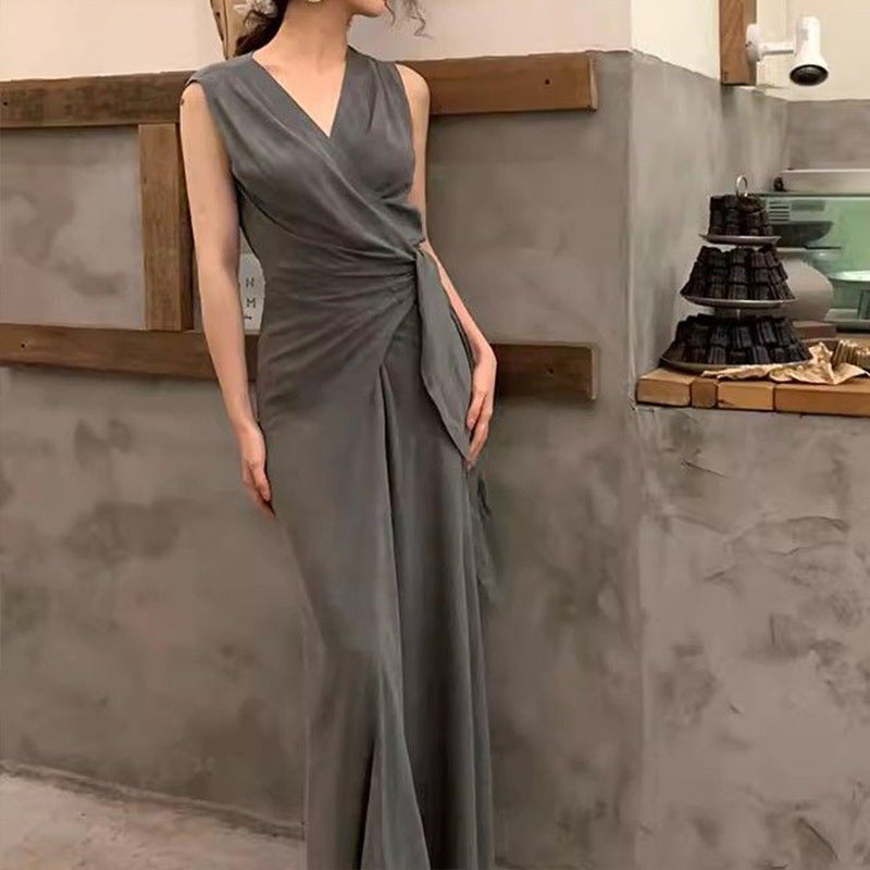 Overlap Neck Wrap Style Sleeveless Dress With A Soft Flowing Drape
