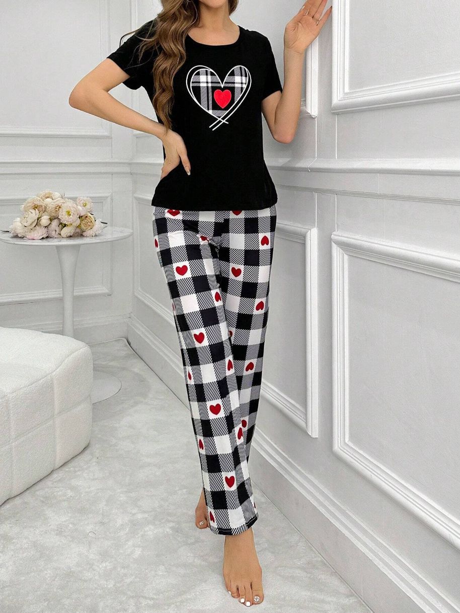 Home Round Neck Printed Short Sleeve T-shirt Top And Trousers Suit